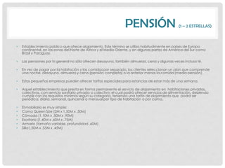 PENSIÓN                         (1 – 2 ESTRELLAS)



•   Establecimiento público que ofrece alojamiento. Este término se utiliza habitualmente en países de Europa
    continental, en las zonas del Norte de África y el Medio Oriente, y en algunas partes de América del Sur como
    Brasil y Paraguay.

•   Las pensiones por lo general no sólo ofrecen desayuno, también almuerzo, cena y algunas veces incluso té.

•   En vez de pagar por la habitación y las comidas por separado, los clientes seleccionan un plan que comprende
    una noche, desayuno, almuerzo y cena (pensión completa) o la anterior menos la comida (media pensión).

•   Estas pequeñas empresas pueden ofrecer tarifas especiales para estancias de estar más de una semana.

•   Aquel establecimiento que presta en forma permanente el servicio de alojamiento en habitaciones privadas,
    colectivas, con servicio sanitario privado o colectivo; el cual podrá ofrecer servicios de alimentación, debiendo
    cumplir con los requisitos mínimos según su categoría, teniendo una tarifa de alojamiento que podrá ser
    periódica, diaria, semanal, quincenal o mensual por tipo de habitación o por cama.

•   El mobiliario es muy simple:
•   Cama Queen Size (2M x 1.50M x .50M)
•   Cómoda (1.10M x .50M x .90M)
•   Escritorio (1.40M x .60M x .75M)
•   Armario (tamaño variable, profundidad .60M)
•   Silla (.50M x .55M x .45M)
 