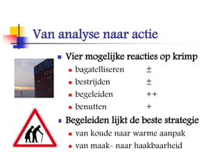 Van analyse naar actie
 Vier mogelijke reacties op krimp
 bagatelliseren ±
 bestrijden ±
 begeleiden ++
 benutten +
 Begeleiden lijkt de beste strategie
 van koude naar warme aanpak
 van maak- naar haakbaarheid
 