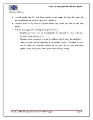 Sanjeevini Superspeciality Hospital Bijapur
B.L.D.E.A’s A.S.Patil College Of Commerce PGDHM Vijaypur. Page 36
Recommendations:
 Hospitals should plan their work force capacity is such manner that gives their nurses free
time to collaborate and exchange ideas/share experiences.
 Encourage nurses to do research by reading books, case studies and come up with white
papers.
 With the above approach it will help the Hospitals in 2 way.
o Hospitals get nurses who are knowledgeable and motivated by virtue of having a
constantly rising learning curve.
o Hospitals get the recognition of having a workforce which is highly knowledgeable.
o With case studies approach mentioned in observations for table 3 will allow the senior
staff to review the documents prepared by the junior staff and give their expert
opinion, which in turn puts a formal process for knowledge sharing.
 