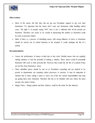 Sanjeevini Superspeciality Hospital Bijapur
B.L.D.E.A’s A.S.Patil College Of Commerce PGDHM Vijaypur. Page 44
Observations:
 Most of the nurses felt that they did not get any Psychiatric support to get over their
frustrations. It’s important that the nurses don’t carry any frustrations while handling critical
cases. The high % of people saying “NO” here is not a reflection that all the people are
frustrated. Therefore one needs to be careful in interpreting this number as frustration could
be work or personal related.
 Infact if there is a process of identifying nurses with strong influence of stress or frustration
should be moved out of critical functions in the hospital. It could endanger the life of a
patient.
Recommendation:
 Assess the performance of nurses in their day to day work. Identify nurses who are regularly
making mistakes or had the potential of making a mistake. These nurses could be potentially
frustrated with work or their personal life. However they could risk the life of a patient if they
are not free from frustration/ stress.
 These identified nurses should be put on to Psychiatric counseling and ear marked to be
posted in departments not requiring critical processes or practice. It may be important to
mention that at times asking a nurse to move out of his/ her current responsibilities may land
up getting them more frustrated. Therefore this has to be handled with care where the nurse
accepts s/he needs a break.
 Happy Nurse – Happy patient and their relatives could be the motto for this initiative.
 