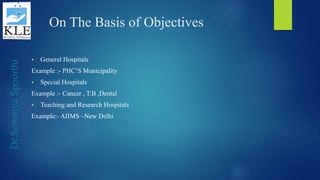Dr.SowmyaSpoorthi
On The Basis of Objectives
 General Hospitals
Example :- PHC’S Municipality
 Special Hospitals
Example :- Cancer , T.B ,Dental
 Teaching and Research Hospitals
Example:- AIIMS –New Delhi
 