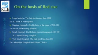 Dr.SowmyaSpoorthi
On the basis of Bed size
 Large hositals - The bed size is more than 1000
Ex- J.J and K.E.M Hospitals
 Medium Hospitals -The Bed size is the range of 500- 100
Ex- Jaslok and Bombay Hospital
 Small Hospital -The Bed size lies in the range of 500-100
Ex- Breach Candy Hospital
 Very Small Hospital -The Bed size I less than 100
Ex – Municipal Hospitals and Private Clinics.
 