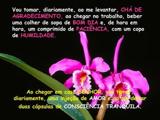 Vou tomar, diariamente, ao me levantar,  CHÁ DE   AGRADECIMENTO,  ao chegar no trabalho, beber uma colher de sopa de  BOM DIA  e, de hora em hora, um comprimido de  PACIÊNCIA,  com um copo de  HUMILDADE. Ao chegar em casa SENHOR, vou tomar, diariamente, uma injeção de  AMOR  e ao me deitar duas c á psulas de  CONSCI Ê NCIA TRANQ Ü ILA . 