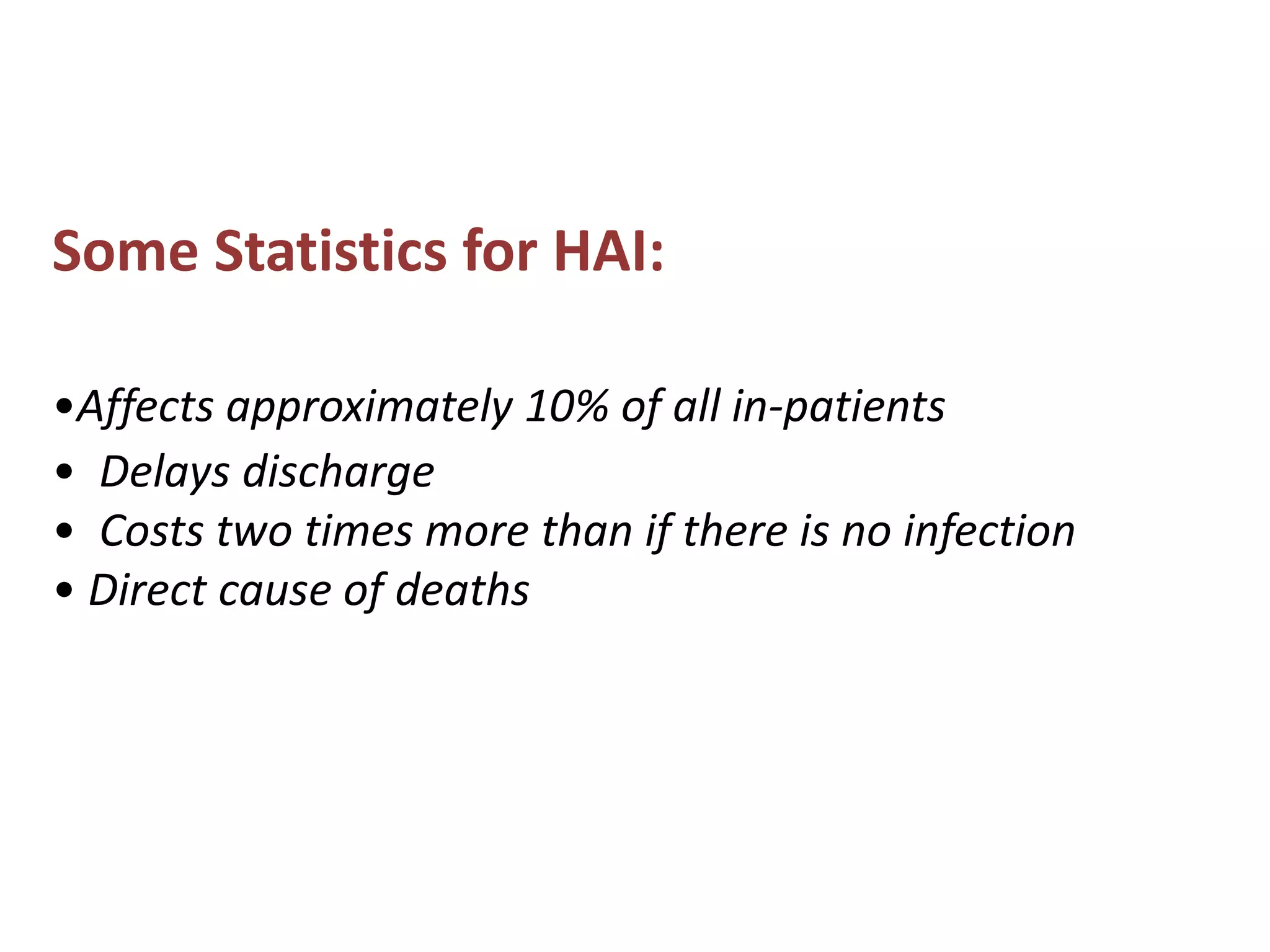 Some Statistics for HAI:
•Affects approximately 10% of all in-patients
• Delays discharge
• Costs two times more than if there is no infection
• Direct cause of deaths