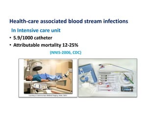 Health-care associated blood stream infections
In Intensive care unit
• 5.9/1000 catheter
• Attributable mortality 12-25%
...