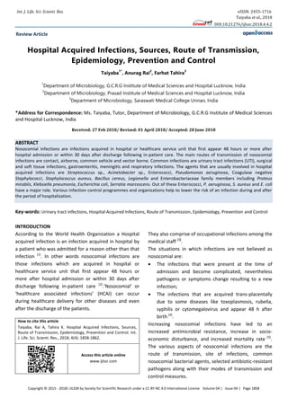 Hospital Acquired Infections, Sources, Route of Transmission ...