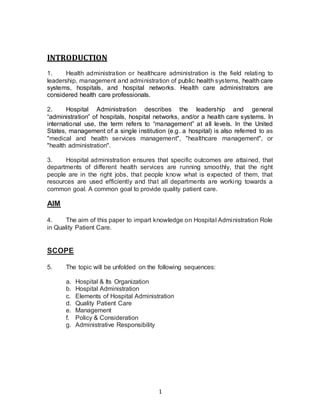 Hospital Administration Role In Quality Patient Care