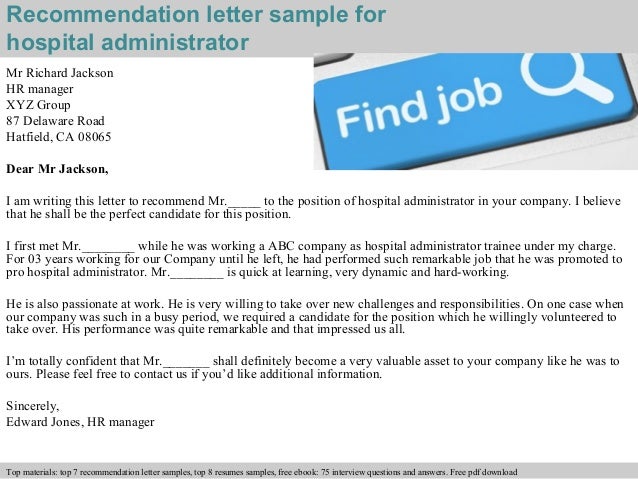 Hospital administrator recommendation letter