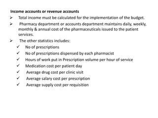 Income accounts or revenue accounts
 Total income must be calculated for the implementation of the budget.
 Pharmacy department or accounts department maintains daily, weekly,
monthly & annual cost of the pharmaceuticals issued to the patient
services.
 The other statistics includes:
 No of prescriptions
 No of prescriptions dispensed by each pharmacist
 Hours of work put in Prescription volume per hour of service
 Medication cost per patient day
 Average drug cost per clinic visit
 Average salary cost per prescription
 Average supply cost per requisition
 