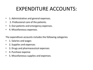 EXPENDITURE ACCOUNTS:
• 1. Administrative and general expenses.
• 2. Professional care of the patients.
• 3. Out-patients and emergency expenses.
• 4. Miscellaneous expenses.
The expenditure accounts includes the following categories
• 1. Salaries and wages
• 2. Supplies and expenses
• 3. Drugs and pharmaceutical expenses
• 4. Purchase expense
• 5. Miscellaneous supplies and expenses.
 