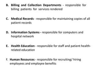 B. Billing and Collection Departments - responsible for
billing patients for services rendered
C. Medical Records - responsible for maintaining copies of all
patient records
D. Information Systems - responsible for computers and
hospital network
E. Health Education - responsible for staff and patient health-
related education
F. Human Resources - responsible for recruiting/ hiring
employees and employee benefits
 