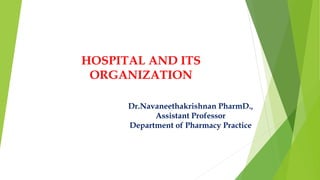 Dr.Navaneethakrishnan PharmD.,
Assistant Professor
Department of Pharmacy Practice
HOSPITAL AND ITS
ORGANIZATION
 