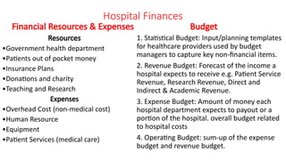 Hospital Finances
Financial Resources & Expenses Budget
1. Statistical Budget: Input/planning templates
for healthcare providers used by budget
managers to capture key non-financial items.
2. Revenue Budget: Forecast of the income a
hospital expects to receive e.g. Patient Service
Revenue, Research Revenue, Direct and
Indirect & Academic Revenue.
3. Expense Budget: Amount of money each
hospital department expects to payout or a
portion of the hospital. overall budget related
to hospital costs
4. Operating Budget: sum-up of the expense
budget and revenue budget.
Resources
•Government health department
•Patients out of pocket money
•Insurance Plans
•Donations and charity
•Teaching and Research
Expenses
•Overhead Cost (non-medical cost)
•Human Resource
•Equipment
•Patient Services (medical care)
 