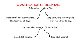 CLASSIFICATION OF HOSPITALS
3. Based on Length of Stay
Short-term/short-stay hospitals Long-term/long-stay hospitals
(Stay less than 30 days) (Stay more than 30 days)
4. Depending on Type of Medical Staff
Closed-staff hospital Open-staff hospital
 