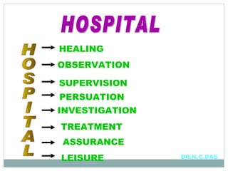 HOSPITAL HEALING OBSERVATION SUPERVISION PERSUATION INVESTIGATION TREATMENT ASSURANCE LEISURE DR.N.C.DAS HOSPITAL 
