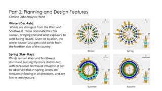 Part 2: Planning and Design Features
Climate Data Analysis: Wind
Winter Spring
Summer Autumn
Winter (Dec–Feb):
Winds are strongest from the West and
Southwest. These dominate the cold
season, bringing chill and wind exposure to
west-facing facade. Given its location, the
winter season also gets cold winds from
the Northen side of the country.
Spring (Mar–May):
Winds remain West and Northwest
dominant, but slightly more distributed,
with occasional Northeast influence. It can
be observed that in Spring, winds are
frequently flowing in all directions, and are
low in temperature.
 