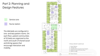 Part 2: Planning and
Design Features
Service core
Nurse station
The 464-beds are configured in
one- and two-patient rooms. On
each floor, patient communities
of 32 beds are organized to the
north and south of shared social
and dining spaces that
encourage interaction and
mobility.
 