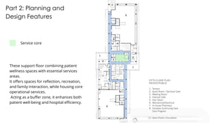 Part 2: Planning and
Design Features
Service core
These support floor combining patient
wellness spaces with essential services
areas.
It offers spaces for reflection, recreation,
and family interaction, while housing core
operational services.
Acting as a buffer zone, it enhances both
patient well-being and hospital efficiency.
 