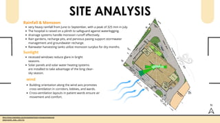 SITE ANALYSIS
Rainfall & Monsoon
very heavy rainfall from June to September, with a peak of 325 mm in July.
The hospital is raised on a plinth to safeguard against waterlogging.
drainage systems handle monsoon runoff effectively.
Rain gardens, recharge pits, and pervious paving support stormwater
management and groundwater recharge.
Rainwater harvesting tanks utilize monsoon surplus for dry months.
https://www.meteoblue.com/en/weather/historyclimate/climatemod
elled/nashik_india_1261731
recessed windows reduce glare in bright
seasons.
Solar panels and solar water heating systems
are installed to take advantage of the long clear-
sky season.
Sunlight
wind
Building orientation along the wind axis promotes
cross ventilation in corridors, lobbies, and wards.
Cross-ventilation layouts in patient wards ensure air
movement and comfort.
N
 
