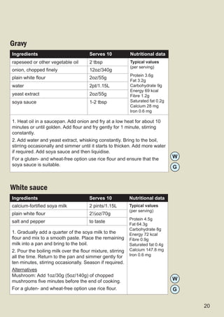 Gravy
Ingredients                            Serves 10            Nutritional data
rapeseed or other vegetable oil        2 tbsp               Typical values
                                                            (per serving)
onion, chopped finely                  12oz/340g
                                                            Protein 3.6g
plain white flour                      2oz/55g
                                                            Fat 3.2g
water                                  2pt/1.15L            Carbohydrate 9g
                                                            Energy 69 kcal
yeast extract                          2oz/55g              Fibre 1.2g
soya sauce                             1-2 tbsp             Saturated fat 0.2g
                                                            Calcium 28 mg
                                                            Iron 0.6 mg

1. Heat oil in a saucepan. Add onion and fry at a low heat for about 10
minutes or until golden. Add flour and fry gently for 1 minute, stirring
constantly.
2. Add water and yeast extract, whisking constantly. Bring to the boil,
stirring occasionally and simmer until it starts to thicken. Add more water
if required. Add soya sauce and then liquidise.
For a gluten- and wheat-free option use rice flour and ensure that the           W
soya sauce is suitable.
                                                                                 G


White sauce
Ingredients                            Serves 10            Nutritional data
calcium-fortified soya milk            2 pints/1.15L        Typical values
                                                            (per serving)
plain white flour                      2½oz/70g
                                                            Protein 4.5g
salt and pepper                        to taste
                                                            Fat 64.3g
                                                            Carbohydrate 8g
1. Gradually add a quarter of the soya milk to the          Energy 72 kcal
flour and mix to a smooth paste. Place the remaining        Fibre 0.9g
milk into a pan and bring to the boil.                      Saturated fat 0.4g
2. Pour the boiling milk over the flour mixture, stirring   Calcium 147.8 mg
all the time. Return to the pan and simmer gently for       Iron 0.6 mg
ten minutes, stirring occasionally. Season if required.
Alternatives
Mushroom: Add 1oz/30g (5oz/140g) of chopped
mushrooms five minutes before the end of cooking.                                W
For a gluten- and wheat-free option use rice flour.                              G


                                                                                     20
 