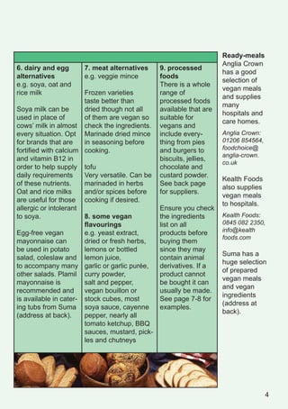 Ready-meals
                                                                     Anglia Crown
6. dairy and egg      7. meat alternatives      9. processed
                                                                     has a good
alternatives          e.g. veggie mince         foods
                                                                     selection of
e.g. soya, oat and                              There is a whole
                                                                     vegan meals
rice milk              Frozen varieties         range of
                                                                     and supplies
                       taste better than        processed foods
                                                                     many
Soya milk can be       dried though not all     available that are
                                                                     hospitals and
used in place of       of them are vegan so     suitable for
                                                                     care homes.
cows’ milk in almost check the ingredients.     vegans and
every situation. Opt Marinade dried mince       include every-       Anglia Crown:
for brands that are    in seasoning before      thing from pies      01206 854564,
fortified with calcium cooking.                 and burgers to       foodchoice@
                                                                     anglia-crown.
and vitamin B12 in                              biscuits, jellies,
                                                                     co.uk
order to help supply tofu                       chocolate and
daily requirements     Very versatile. Can be   custard powder.
                                                                     Kealth Foods
of these nutrients.    marinaded in herbs       See back page
                                                                     also supplies
Oat and rice milks     and/or spices before     for suppliers.
                                                                     vegan meals
are useful for those cooking if desired.
                                                                     to hospitals.
allergic or intolerant                          Ensure you check
to soya.               8. some vegan            the ingredients      Kealth Foods:
                       flavourings              list on all          0845 082 2350,
Egg-free vegan         e.g. yeast extract,      products before      info@kealth
                                                                     foods.com
mayonnaise can         dried or fresh herbs,    buying them
be used in potato      lemons or bottled        since they may
                                                                     Suma has a
salad, coleslaw and lemon juice,                contain animal
                                                                     huge selection
to accompany many garlic or garlic purée,       derivatives. If a
                                                                     of prepared
other salads. Plamil curry powder,              product cannot
                                                                     vegan meals
mayonnaise is          salt and pepper,         be bought it can
                                                                     and vegan
recommended and        vegan bouillon or        usually be made.
                                                                     ingredients
is available in cater- stock cubes, most        See page 7-8 for
                                                                     (address at
ing tubs from Suma soya sauce, cayenne          examples.
                                                                     back).
(address at back).     pepper, nearly all
                       tomato ketchup, BBQ
                       sauces, mustard, pick-
                       les and chutneys




                                                                                     4
 