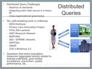 Distributed Query Example
Mini-Sentinel & PopMedNet
• PopMedNet is proven across
several distributed query
networks, inclu...