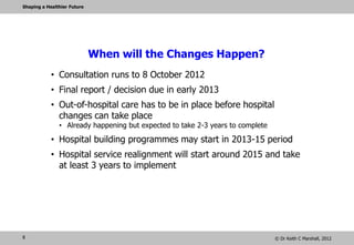 Shaping a Healthier Future




                             When will the Changes Happen?
            • Consultation runs to 8 October 2012
            • Final report / decision due in early 2013
            • Out-of-hospital care has to be in place before hospital
              changes can take place
               • Already happening but expected to take 2-3 years to complete

            • Hospital building programmes may start in 2013-15 period
            • Hospital service realignment will start around 2015 and take
              at least 3 years to implement




8                                                                               © Dr Keith C Marshall, 2012
 