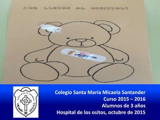 Colegio Santa María Micaela Santander
Curso 2015 – 2016
Alumnos de 3 años
Hospital de los ositos, octubre de 2015
 