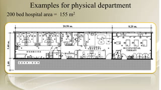 Examples for physical department
200 bed hospital area = 155 m2
 