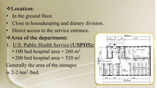 Location:
• In the ground floor.
• Close to housekeeping and dietary division.
• Direct access to the service entrance.
Area of the department:
1. U.S. Public Health Service (USPHS):
• 100 bed hospital area = 260 m2
• 200 bed hospital area = 520 m2
Generally the area of the storages
is 2-2.6m2 /bed.
 