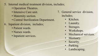 5. Internal medical treatment division, includes;
• Operation Theatres.
• Intensive Care unit.
• Maternity section.
• Central Sterilization Department.
6. Inpatient division, includes;
• Patient wards.
• Nurses wards.
• Inpatient services.
7. General service division,
includes;
• Kitchen.
• Laundry.
• Storages.
• Workshops.
• Mechanical services.
• Mortuary.
• Security.
• Parking.
• Landscaping.
 