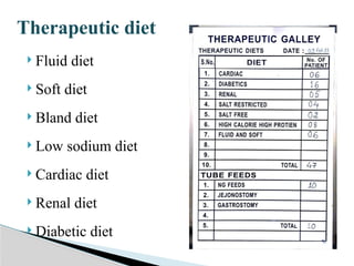 Therapeutic diet
 Fluid diet
 Soft diet
 Bland diet
 Low sodium diet
 Cardiac diet
 Renal diet
 Diabetic diet
 