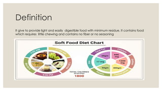 Definition
It give to provide light and easily digestible food with minimum residue. It contains food
which requires little chewing and contains no fiber or no seasoning
,
 