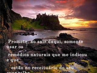 Prometo, ao sair daqui, somente usar os remédios naturais que me indicou e que estão no receituário do seu evangelho. 