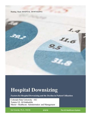0
Hospital Downsizing
Factors forHospital Downsizing and the Decline in Patient Utilization
Earl Greenia, Ph.D., FACHE 4/4/16 The US Healthcare System
Running Head: HOSPITAL DOWNSIZING
Colorado State University –GC
Tunisia I.E. Al-Salahuddin
Master - Healthcare Administration and Management
 
