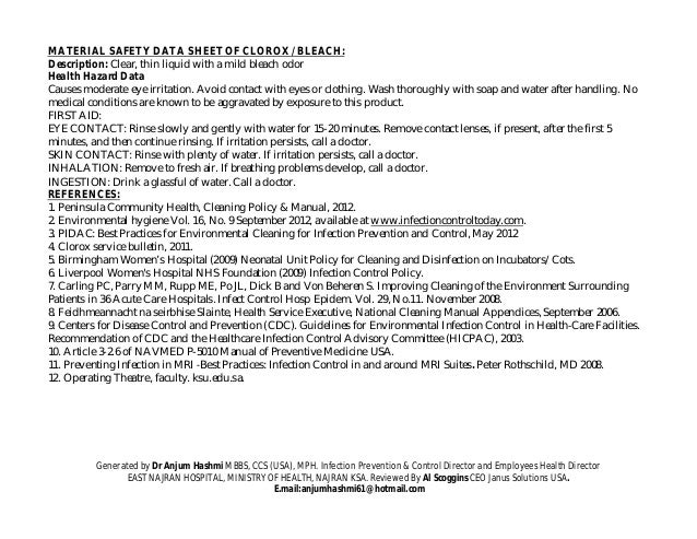 hospital environmental cleaning disinfection procedures practices clorox wipes safety data sheet