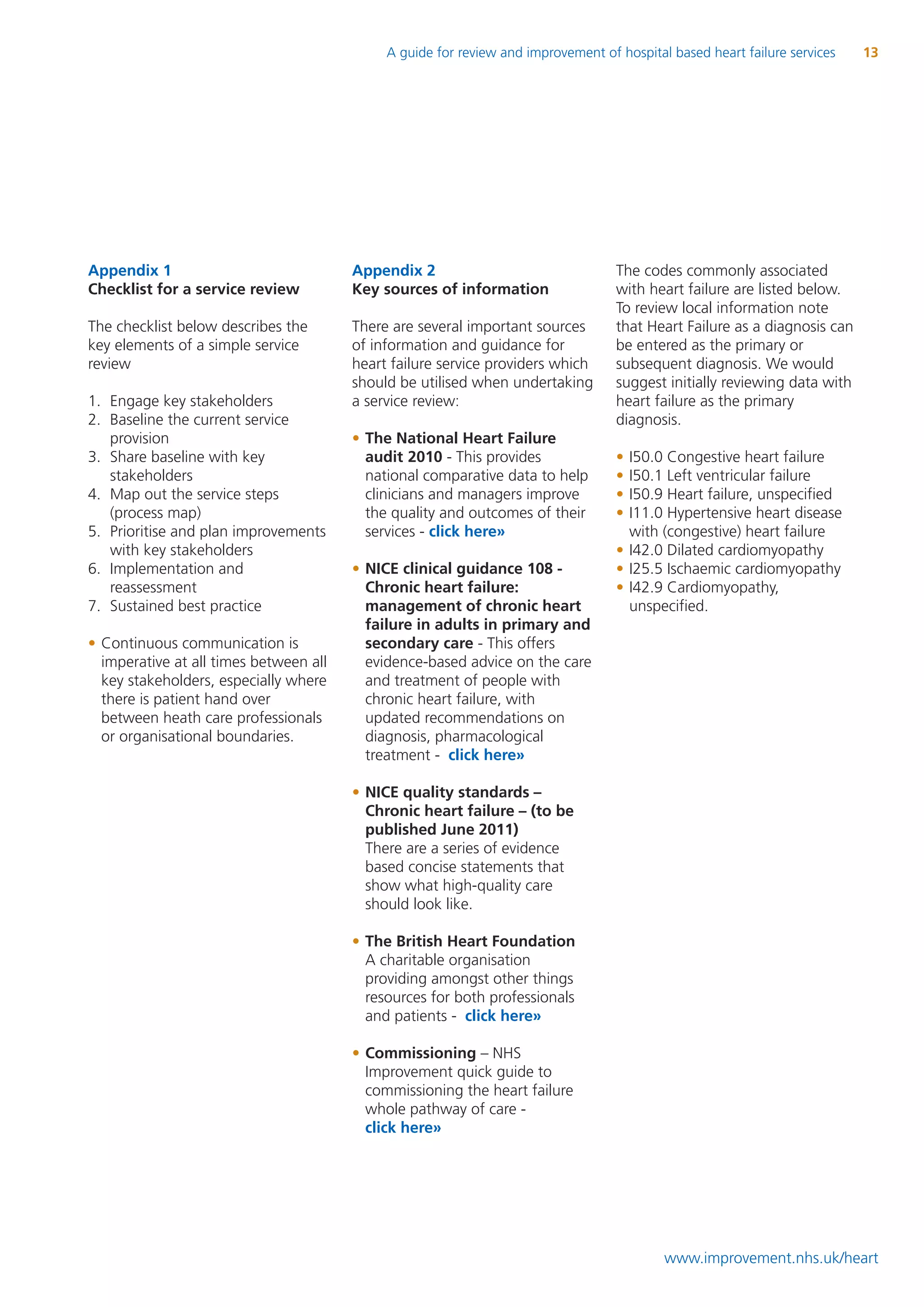 A guide for review and improvement of hospital based heart failure services   13




Appendix 1                              Appendix 2                                 The codes commonly associated
Checklist for a service review          Key sources of information                 with heart failure are listed below.
                                                                                   To review local information note
The checklist below describes the       There are several important sources        that Heart Failure as a diagnosis can
key elements of a simple service        of information and guidance for            be entered as the primary or
review                                  heart failure service providers which      subsequent diagnosis. We would
                                        should be utilised when undertaking        suggest initially reviewing data with
1. Engage key stakeholders              a service review:                          heart failure as the primary
2. Baseline the current service                                                    diagnosis.
   provision                            • The National Heart Failure
3. Share baseline with key                audit 2010 - This provides               • I50.0 Congestive heart failure
   stakeholders                           national comparative data to help        • I50.1 Left ventricular failure
4. Map out the service steps              clinicians and managers improve          • I50.9 Heart failure, unspecified
   (process map)                          the quality and outcomes of their        • I11.0 Hypertensive heart disease
5. Prioritise and plan improvements       services - click here»                     with (congestive) heart failure
   with key stakeholders                                                           • I42.0 Dilated cardiomyopathy
6. Implementation and                   • NICE clinical guidance 108 -             • I25.5 Ischaemic cardiomyopathy
   reassessment                           Chronic heart failure:                   • I42.9 Cardiomyopathy,
7. Sustained best practice                management of chronic heart                unspecified.
                                          failure in adults in primary and
• Continuous communication is             secondary care - This offers
  imperative at all times between all     evidence-based advice on the care
  key stakeholders, especially where      and treatment of people with
  there is patient hand over              chronic heart failure, with
  between heath care professionals        updated recommendations on
  or organisational boundaries.           diagnosis, pharmacological
                                          treatment - click here»

                                        • NICE quality standards –
                                          Chronic heart failure – (to be
                                          published June 2011)
                                          There are a series of evidence
                                          based concise statements that
                                          show what high-quality care
                                          should look like.

                                        • The British Heart Foundation
                                          A charitable organisation
                                          providing amongst other things
                                          resources for both professionals
                                          and patients - click here»

                                        • Commissioning – NHS
                                          Improvement quick guide to
                                          commissioning the heart failure
                                          whole pathway of care -
                                          click here»




                                                                                           www.improvement.nhs.uk/heart
 