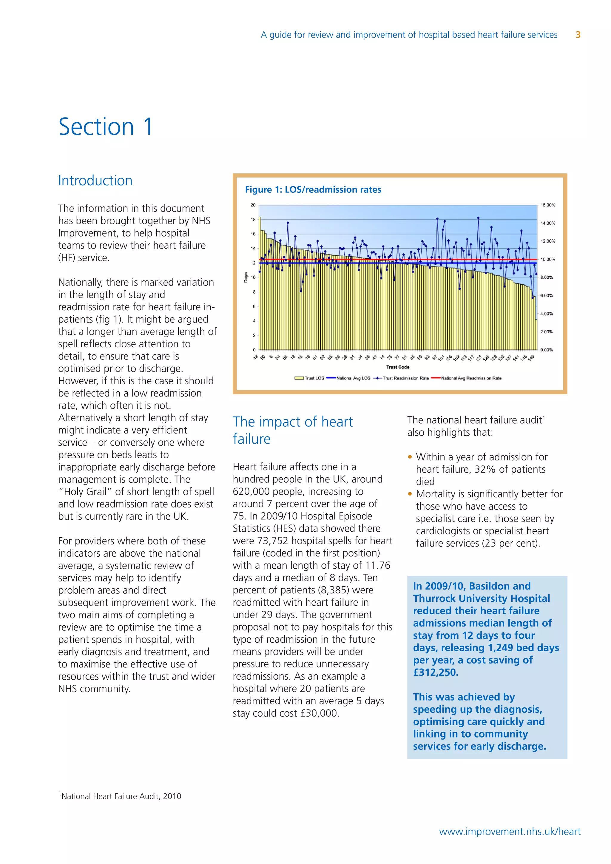 A guide for review and improvement of hospital based heart failure services    3




Section 1

Introduction
                                           Figure 1: LOS/readmission rates

The information in this document
has been brought together by NHS
Improvement, to help hospital
teams to review their heart failure
(HF) service.

Nationally, there is marked variation
in the length of stay and
readmission rate for heart failure in-
patients (fig 1). It might be argued
that a longer than average length of
spell reflects close attention to
detail, to ensure that care is
optimised prior to discharge.
However, if this is the case it should
be reflected in a low readmission
rate, which often it is not.
Alternatively a short length of stay                                                The national heart failure audit1
might indicate a very efficient
                                         The impact of heart
                                                                                    also highlights that:
service – or conversely one where        failure
pressure on beds leads to                                                           • Within a year of admission for
inappropriate early discharge before     Heart failure affects one in a               heart failure, 32% of patients
management is complete. The              hundred people in the UK, around             died
“Holy Grail” of short length of spell    620,000 people, increasing to              • Mortality is significantly better for
and low readmission rate does exist      around 7 percent over the age of             those who have access to
but is currently rare in the UK.         75. In 2009/10 Hospital Episode              specialist care i.e. those seen by
                                         Statistics (HES) data showed there           cardiologists or specialist heart
For providers where both of these        were 73,752 hospital spells for heart        failure services (23 per cent).
indicators are above the national        failure (coded in the first position)
average, a systematic review of          with a mean length of stay of 11.76
services may help to identify            days and a median of 8 days. Ten
problem areas and direct                 percent of patients (8,385) were            In 2009/10, Basildon and
subsequent improvement work. The         readmitted with heart failure in            Thurrock University Hospital
two main aims of completing a            under 29 days. The government               reduced their heart failure
review are to optimise the time a        proposal not to pay hospitals for this      admissions median length of
patient spends in hospital, with         type of readmission in the future           stay from 12 days to four
early diagnosis and treatment, and       means providers will be under               days, releasing 1,249 bed days
to maximise the effective use of         pressure to reduce unnecessary              per year, a cost saving of
resources within the trust and wider     readmissions. As an example a               £312,250.
NHS community.                           hospital where 20 patients are
                                         readmitted with an average 5 days           This was achieved by
                                         stay could cost £30,000.                    speeding up the diagnosis,
                                                                                     optimising care quickly and
                                                                                     linking in to community
                                                                                     services for early discharge.



1
National Heart Failure Audit, 2010



                                                                                            www.improvement.nhs.uk/heart
 