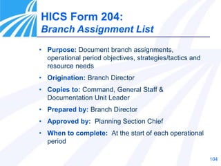 104
• Purpose: Document branch assignments,
operational period objectives, strategies/tactics and
resource needs
• Origination: Branch Director
• Copies to: Command, General Staff &
Documentation Unit Leader
• Prepared by: Branch Director
• Approved by: Planning Section Chief
• When to complete: At the start of each operational
period
HICS Form 204:
Branch Assignment List
 