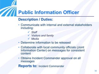 11
Public Information Officer
Description / Duties:
• Communicate with internal and external stakeholders
including:
 Staff
 Visitors and family
 Media
• Determine information to be released
• Collaborate with local community officials (Joint
Information Center) on messages for consistent
content
• Obtains Incident Commander approval on all
messages
Reports to: Incident Commander
 