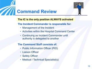 16
Command Review
The IC is the only position ALWAYS activated
The Incident Commander is responsible for:
• Management of the Incident
• Activities within the Hospital Command Center
• Continuing as Incident Commander until
authority is delegated to another
The Command Staff consists of:
• Public Information Officer (PIO)
• Liaison Officer
• Safety Officer
• Medical / Technical Specialist(s)
 