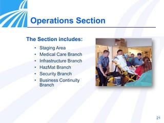21
The Section includes:
• Staging Area
• Medical Care Branch
• Infrastructure Branch
• HazMat Branch
• Security Branch
• Business Continuity
Branch
Operations Section
 