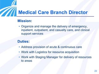 23
Mission:
• Organize and manage the delivery of emergency,
inpatient, outpatient, and casualty care, and clinical
support services
Duties:
• Address provision of acute & continuous care
• Work with Logistics for resource acquisition
• Work with Staging Manager for delivery of resources
to areas
Medical Care Branch Director
 