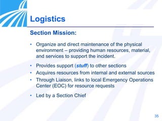 35
Section Mission:
• Organize and direct maintenance of the physical
environment – providing human resources, material,
and services to support the incident.
• Provides support (stuff) to other sections
• Acquires resources from internal and external sources
• Through Liaison, links to local Emergency Operations
Center (EOC) for resource requests
• Led by a Section Chief
Logistics
 
