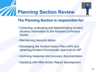 44
The Planning Section is responsible for:
• Collecting, evaluating and disseminating incident
situation information to the Hospital Command
Center
• Maintaining resource status
• Developing the Incident Action Plan (IAP) and
obtaining Incident Commander approval on IAP
• Archiving response and recovery documentation
• Assisting with After-Action Report development
Planning Section Review
 