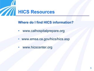 5
Where do I find HICS information?
• www.calhospitalprepare.org
• www.emsa.ca.gov/hics/hics.asp
• www.hicscenter.org
HICS Resources
 