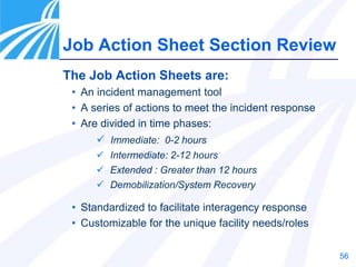 56
Job Action Sheet Section Review
The Job Action Sheets are:
• An incident management tool
• A series of actions to meet the incident response
• Are divided in time phases:
 Immediate: 0-2 hours
 Intermediate: 2-12 hours
 Extended : Greater than 12 hours
 Demobilization/System Recovery
• Standardized to facilitate interagency response
• Customizable for the unique facility needs/roles
 