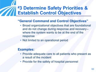 63
“General Command and Control Objectives”
• Broad organizational objectives that are foundational
and do not change during response and recovery--
where the system wants to be at the end of the
response
• Not limited to an operational period
Examples:
• Provide adequate care to all patients who present as
a result of the incident
• Provide for the safety of hospital personnel
#3 Determine Safety Priorities &
Establish Control Objectives
 