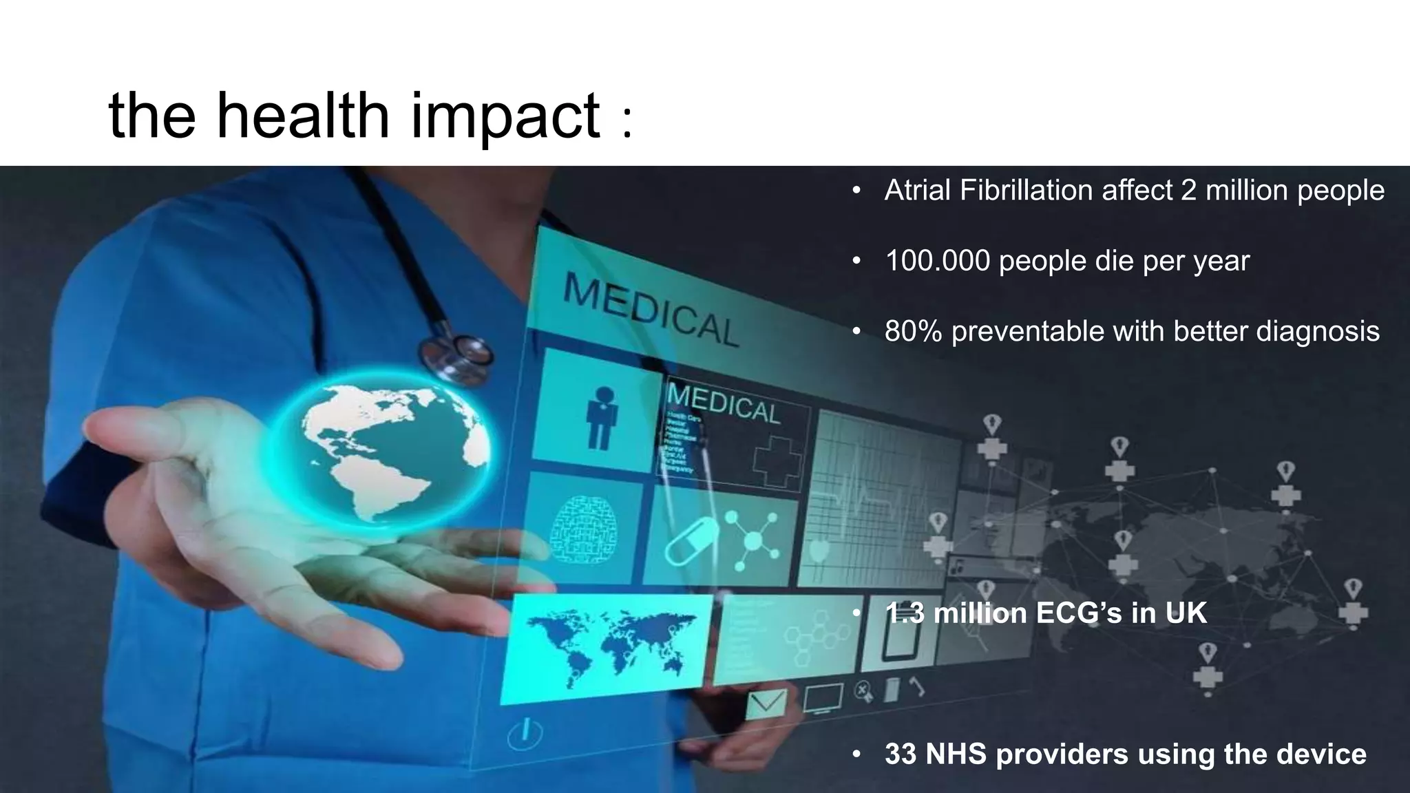 the health impact :
• Atrial Fibrillation affect 2 million people
• 100.000 people die per year
• 80% preventable with better diagnosis
• 1.3 million ECG’s in UK
• 33 NHS providers using the device