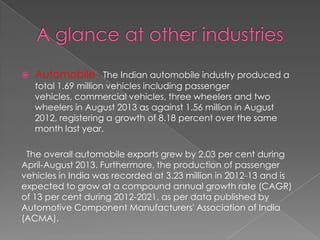 

Automobile - The Indian automobile industry produced a
total 1.69 million vehicles including passenger
vehicles, commercial vehicles, three wheelers and two
wheelers in August 2013 as against 1.56 million in August
2012, registering a growth of 8.18 percent over the same
month last year.

The overall automobile exports grew by 2.03 per cent during
April-August 2013. Furthermore, the production of passenger
vehicles in India was recorded at 3.23 million in 2012-13 and is
expected to grow at a compound annual growth rate (CAGR)
of 13 per cent during 2012-2021, as per data published by
Automotive Component Manufacturers' Association of India
(ACMA).

 